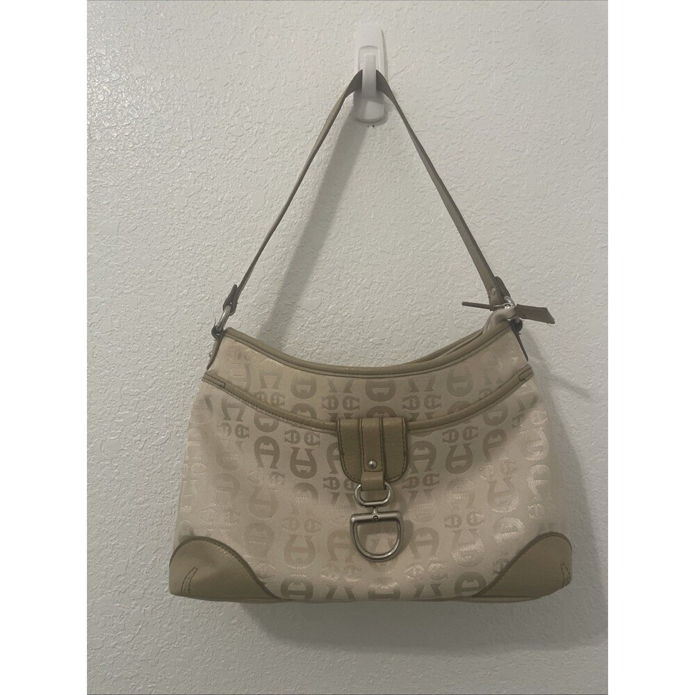 Etienne Aigner Vintage Beige Monogram Logo Canvas Purse Hobo Bag